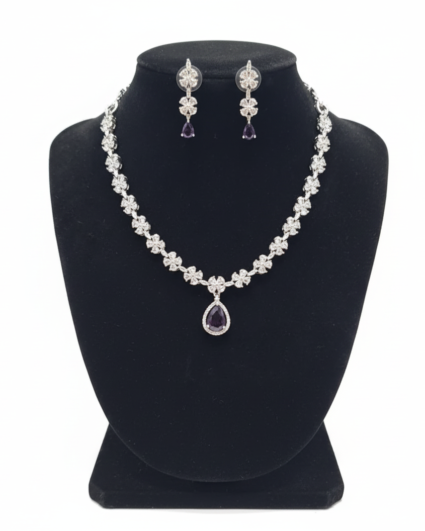 Adorable American Diamond White And Purple Color Stones Necklace And Earrings Set