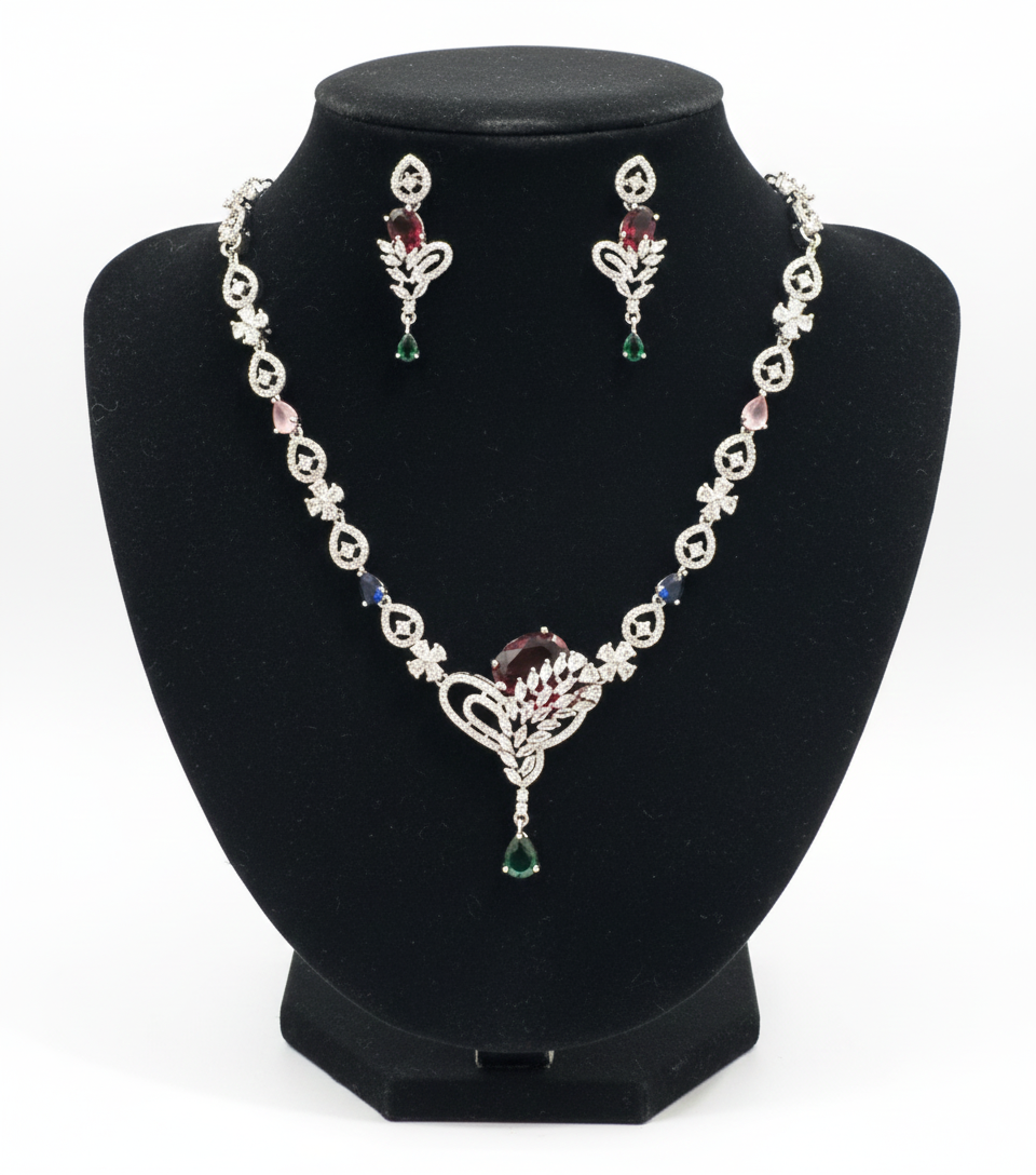 Pretty American Diamond Multicolor Necklace With Earrings Set For Women