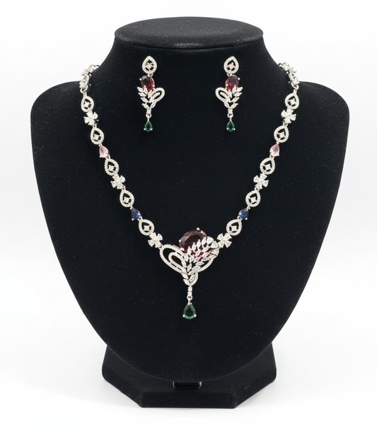 Pretty American Diamond Multicolor Necklace With Earrings Set For Women