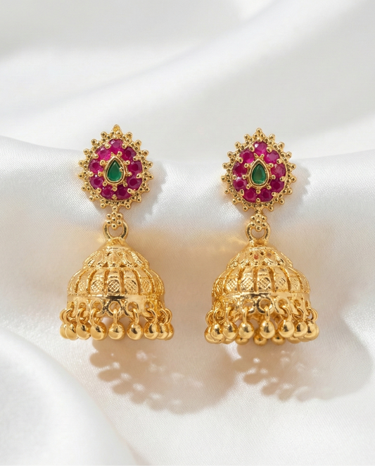Fantastic Gold Plated With Dark Pink And Green Stones Earrings For Women
