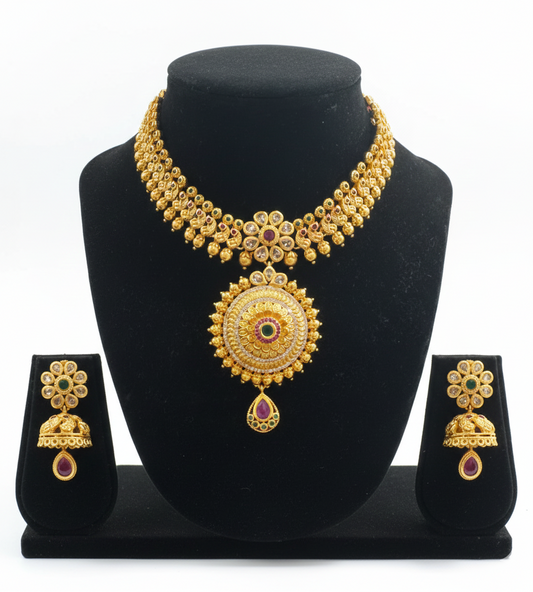 Traditional Dark Pink And Green Color Stones Studded Gold Plated Necklace With Earings