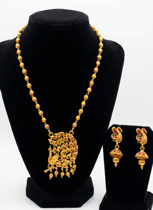 Pretty Gold Plated Matt Finish Dark Pink And Green Color Stones Necklace And Earrings Set