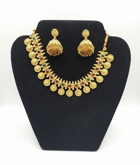 Beautiful Dark Pink And Green Color Gold Plated Necklace With Earrings Set For Women