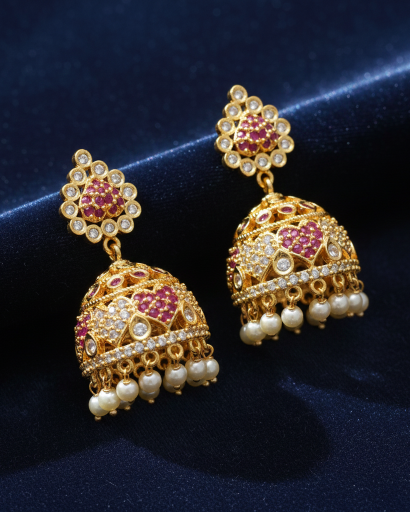 Dark Pink And White Stones Gold Plated Jhumkas Near Me