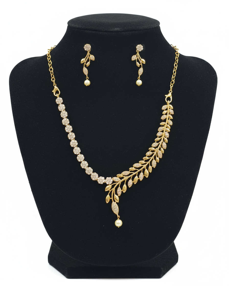 Appealing White Color Stones Gold Plated Necklace With Earrings Sets