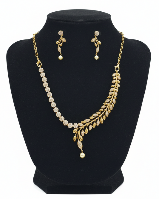Appealing White Color Stones Gold Plated Necklace With Earrings Sets