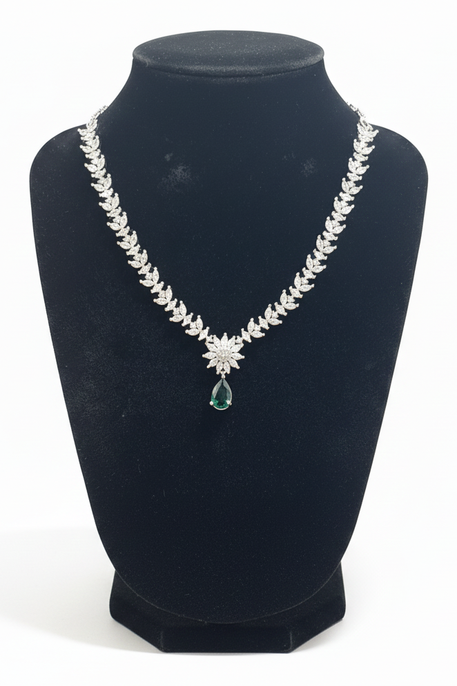 Beautiful Leaf Shaped American Diamond Green And White Color Stones Necklace For Women
