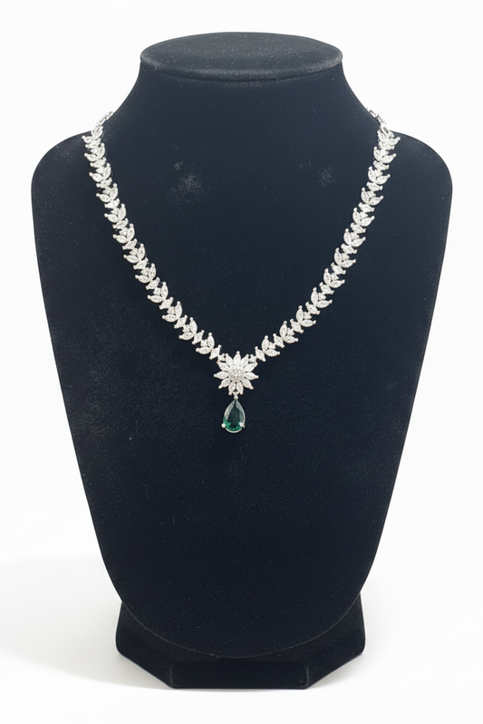 Beautiful Leaf Shaped American Diamond Green And White Color Stones Necklace For Women