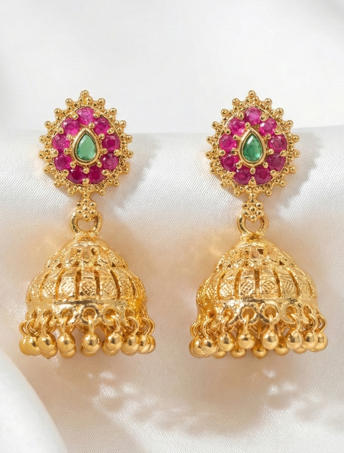 Fantastic Gold Plated With Dark Pink And Green Stones Earrings For Women Near Me