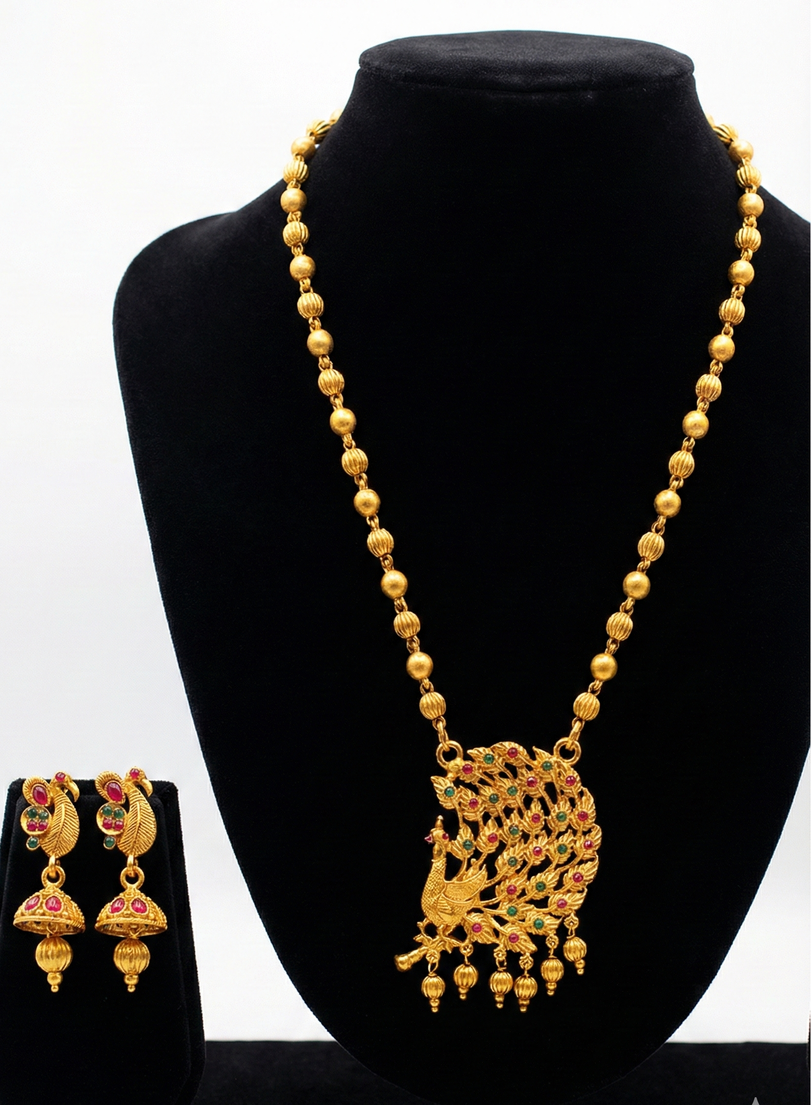 Pretty Gold Plated Matt Finish Dark Pink And Green Color Stones Necklace And Earrings Set