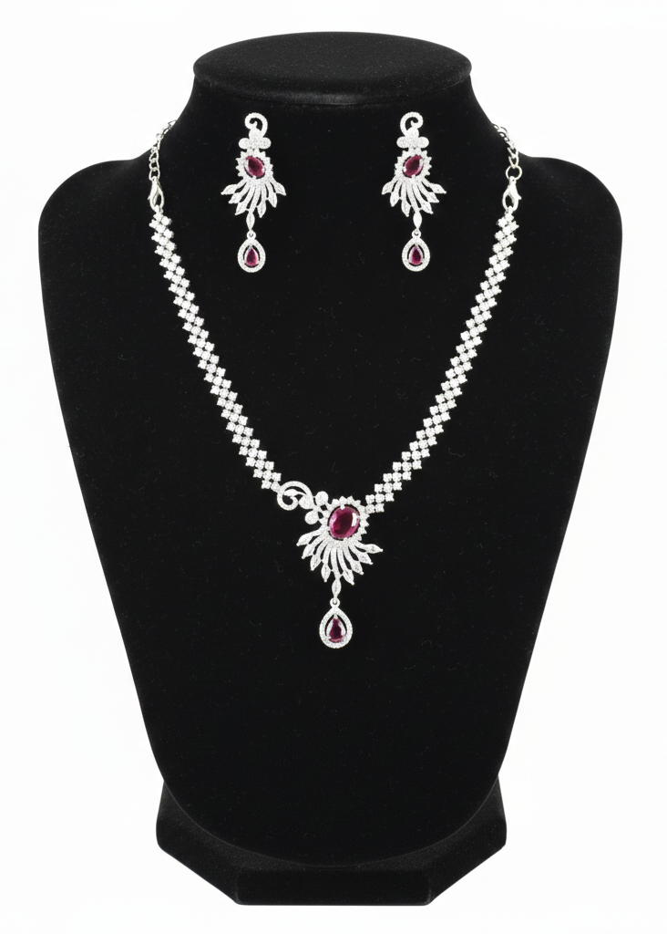 Alluring White And Red Color Stones American Diamond Necklace With Earrings