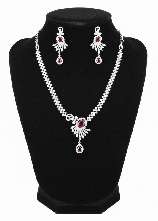 Alluring White And Red Color Stones American Diamond Necklace With Earrings