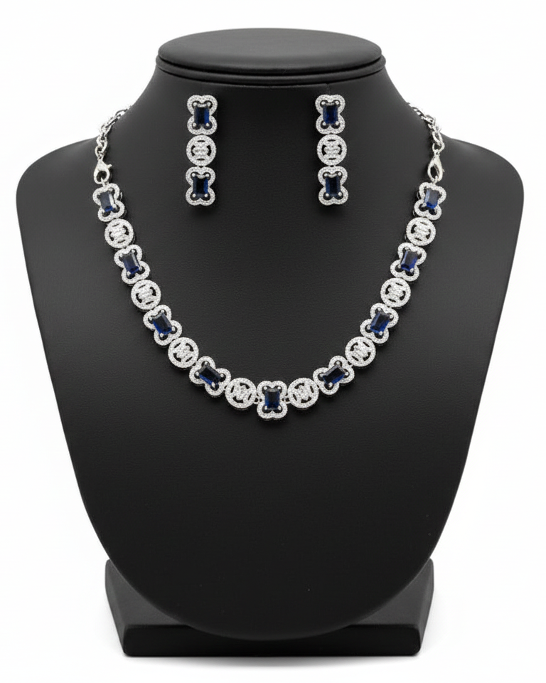 Fabulous Blue Color Stone Studded American Diamond Necklace With Earrings Set