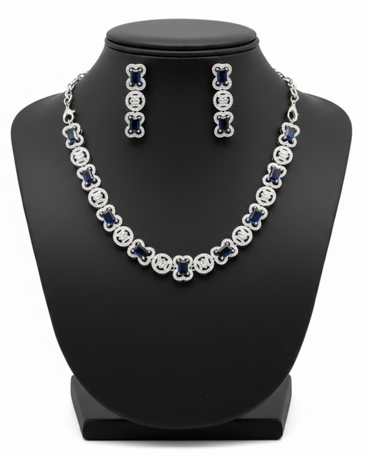 Fabulous Blue Color Stone Studded American Diamond Necklace With Earrings Set