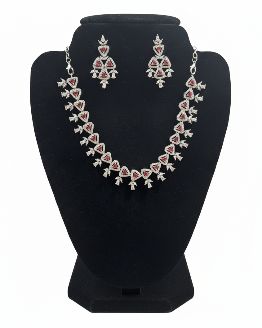 Stunning Pink and White Color Stones American Diamond Necklace With Earrings Set