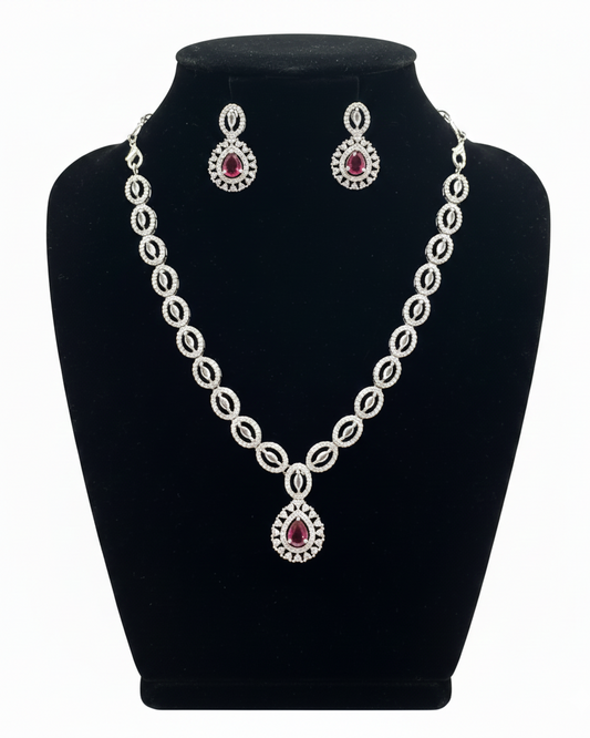 Stunning American Diamond Dark Pink Stone Studded Necklace With Earrings