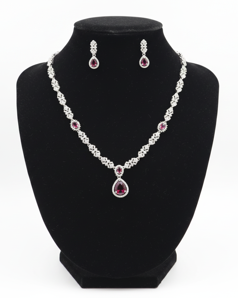 Marvelous White And Red Color Stones American Diamond Necklace With Earrings