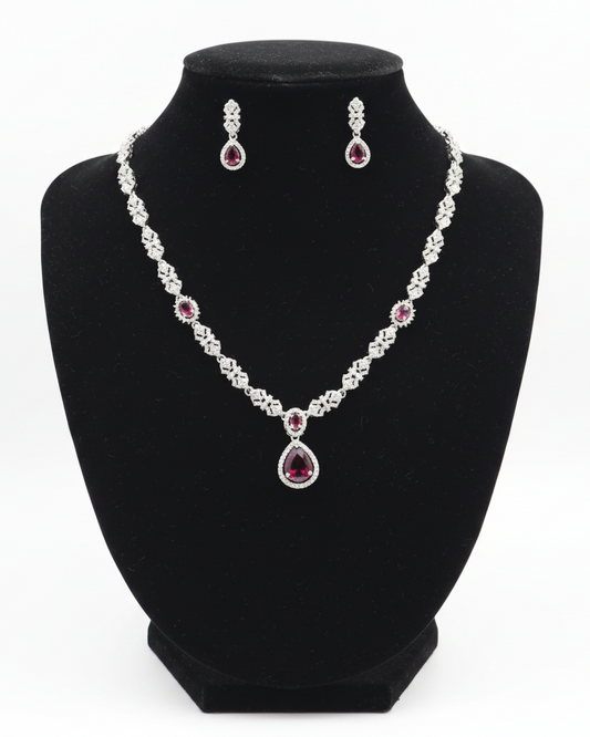 Marvelous White And Red Color Stones American Diamond Necklace With Earrings