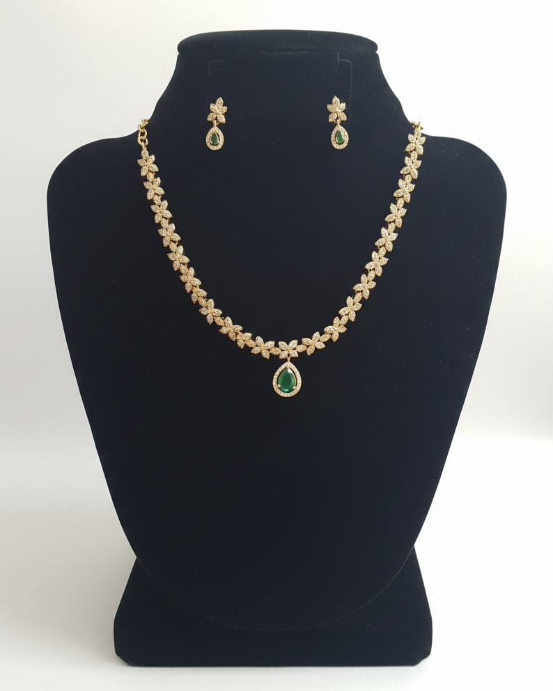 Beautiful White and Green Color Stones Gold Plated Necklace With Earrings