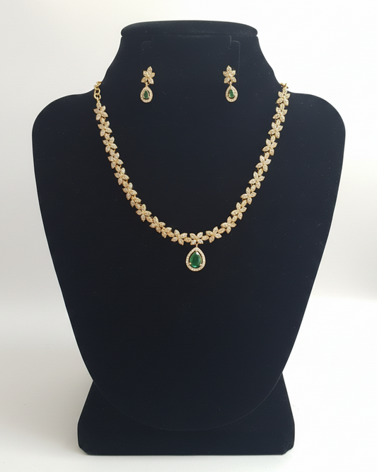 Beautiful White and Green Color Stones Gold Plated Necklace With Earrings