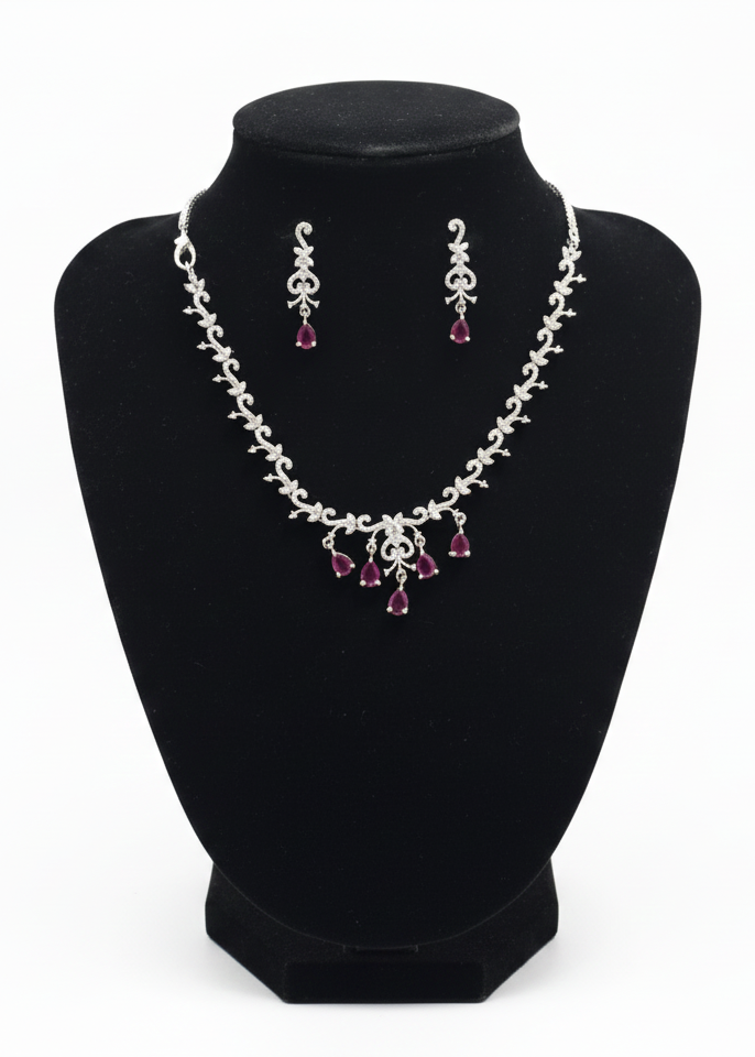 Amazing Rani Pink And White Color Stones American Diamond Necklace With Earrings
