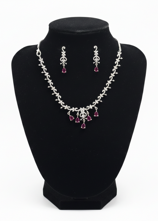 Amazing Rani Pink And White Color Stones American Diamond Necklace With Earrings