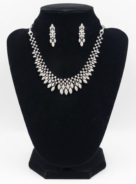 Pleasing Leaf Design American Diamond White Color Stones Necklace and Earrings Set