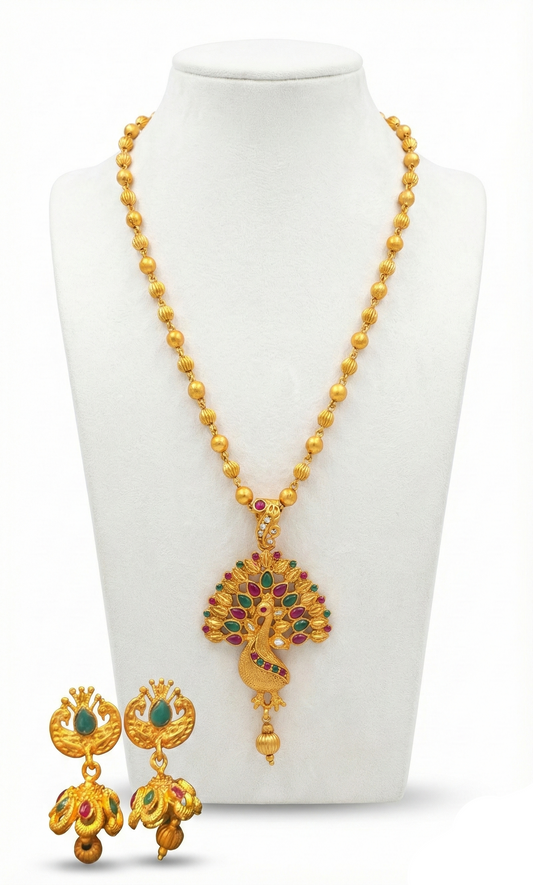 Gorgeous Gold Plated With Matt Finish Peacock Shaped Dark Pink & Green Stones Necklace And Earrings Set