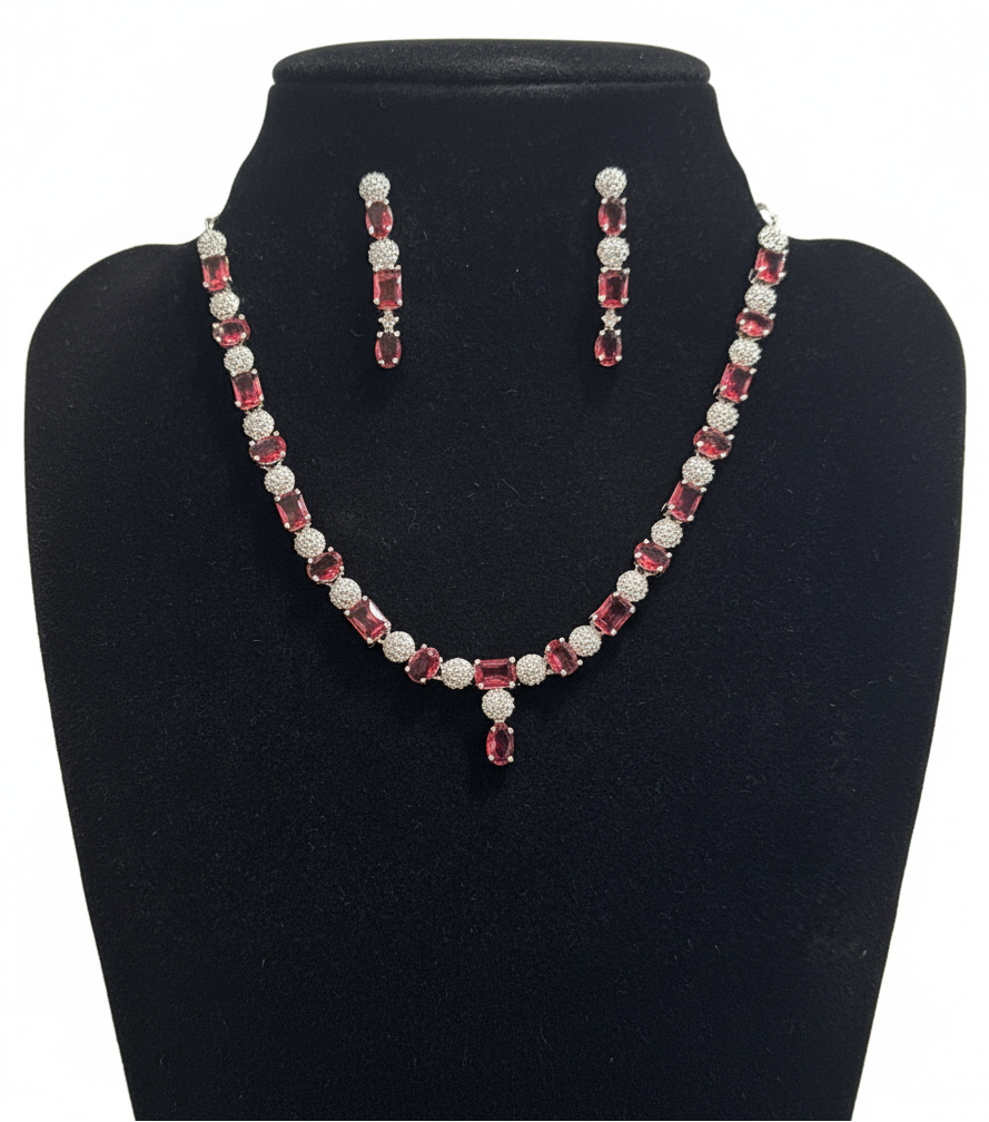 American Diamond Pink And White Color Stones Necklace And Earrings Set