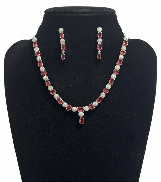 American Diamond Pink And White Color Stones Necklace And Earrings Set