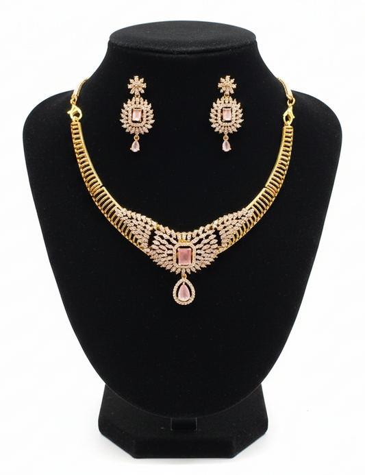 Traditional Pink Color Stone Studded Gold Plated Necklace With Earrings Set