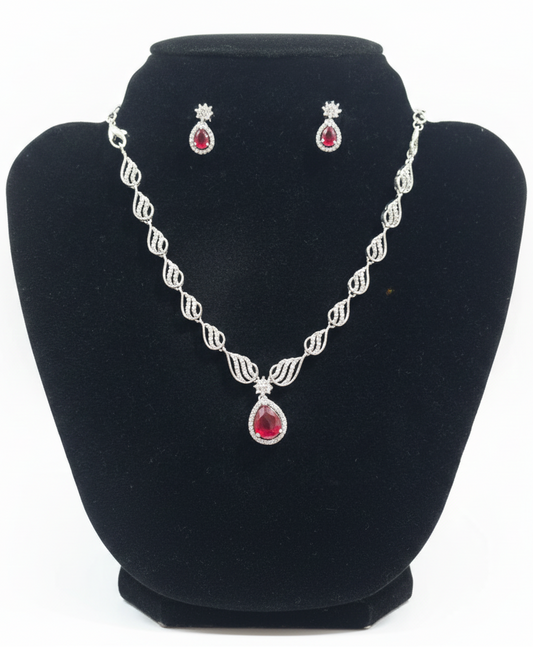 Appealing American Diamond Red Color Stones Necklace And Earrings Set

