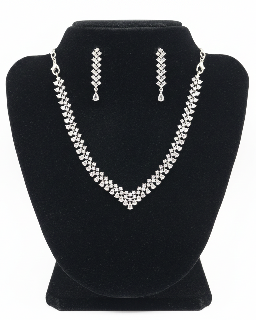 Pretty White Color Stones With Emerald American Diamond Necklace With Earrings