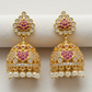Beautiful Dark Pink And White Stones Gold Plated Jhumkas