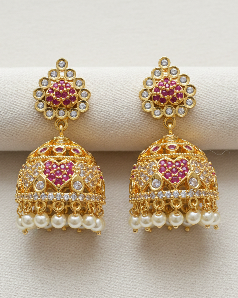 Beautiful Dark Pink And White Stones Gold Plated Jhumkas