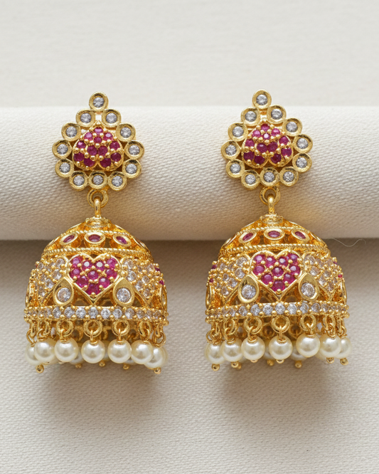 Beautiful Dark Pink And White Stones Gold Plated Jhumkas
