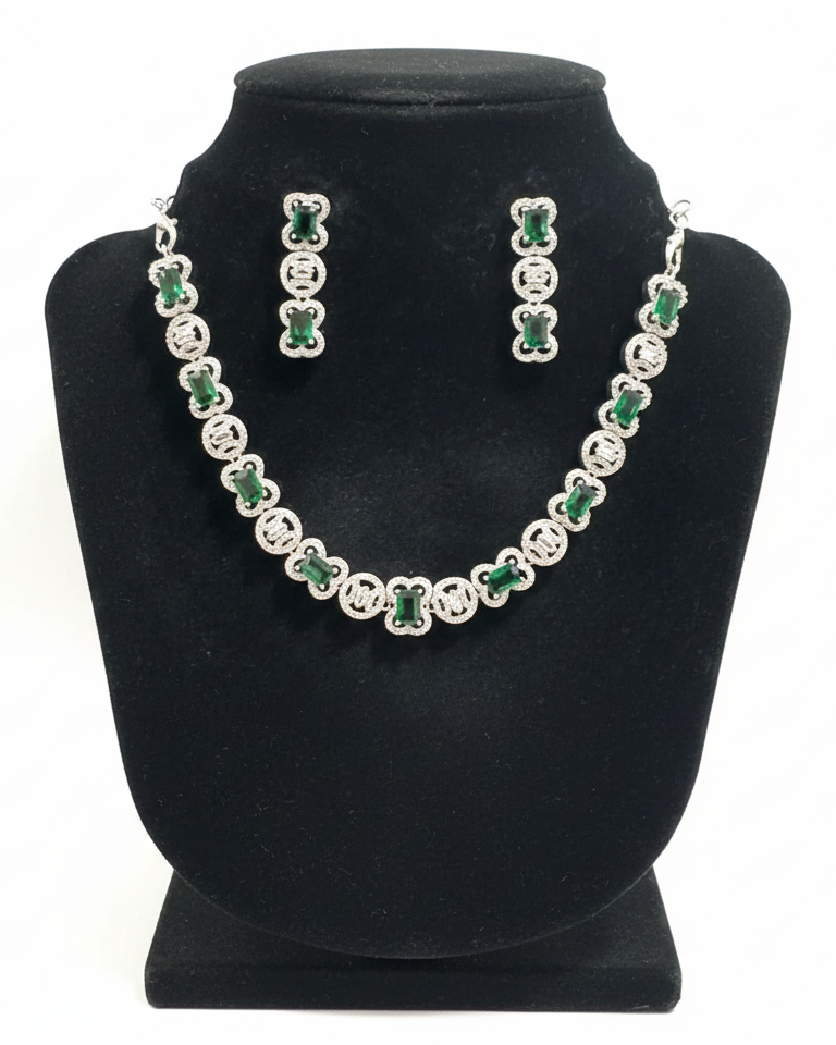 Fabulous Green Stone Embedded American Diamond Necklace With Earings Set