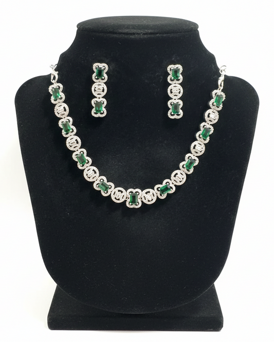 Fabulous Green Stone Embedded American Diamond Necklace With Earings Set