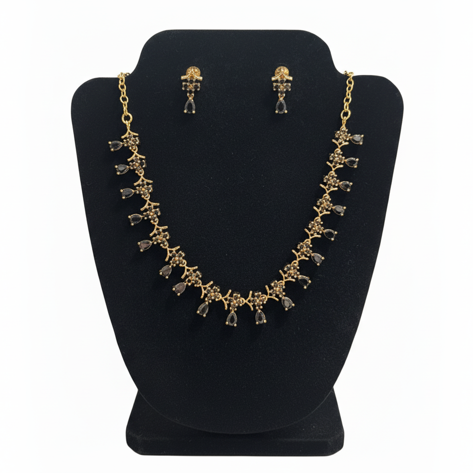 Black Stones and Gold Plated Necklace With Earrings Set For Women 