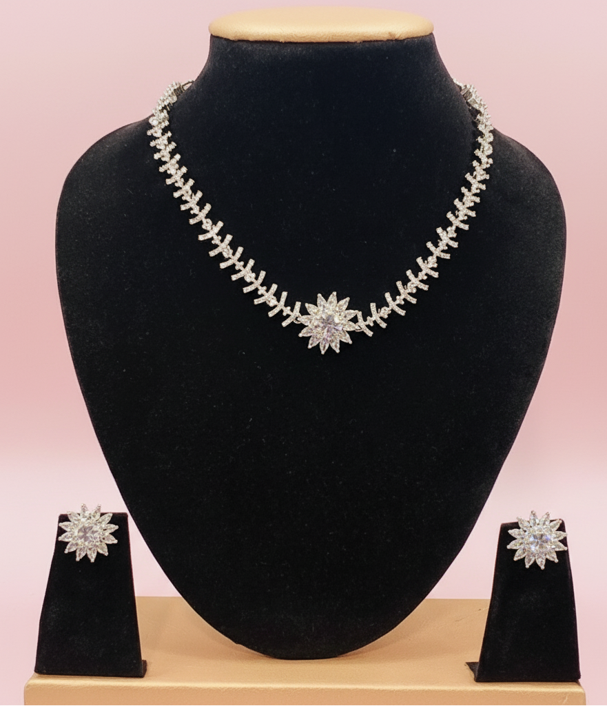 Alluring White Color Stones American Diamond Necklace With Earrings Set