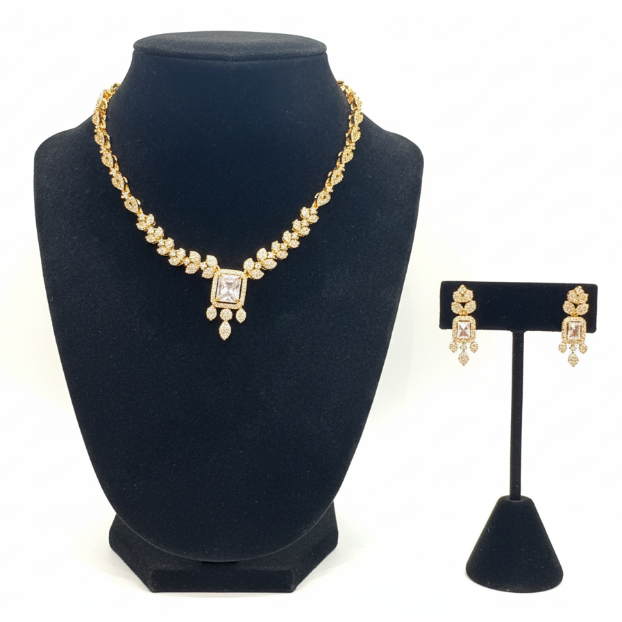 White Stones Gold Plated Necklace With Earrings Set For Women Near Me