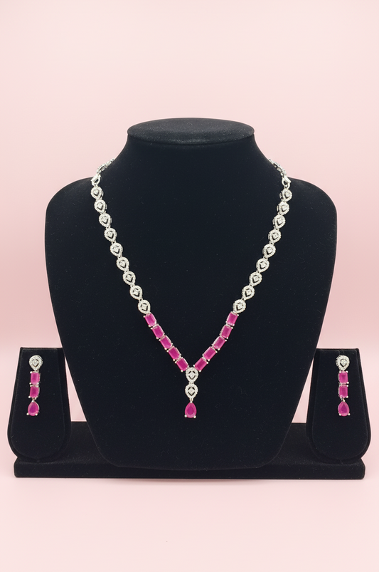 Alluring American Diamond Dark Pink Color Stones Necklace And Earrings Set