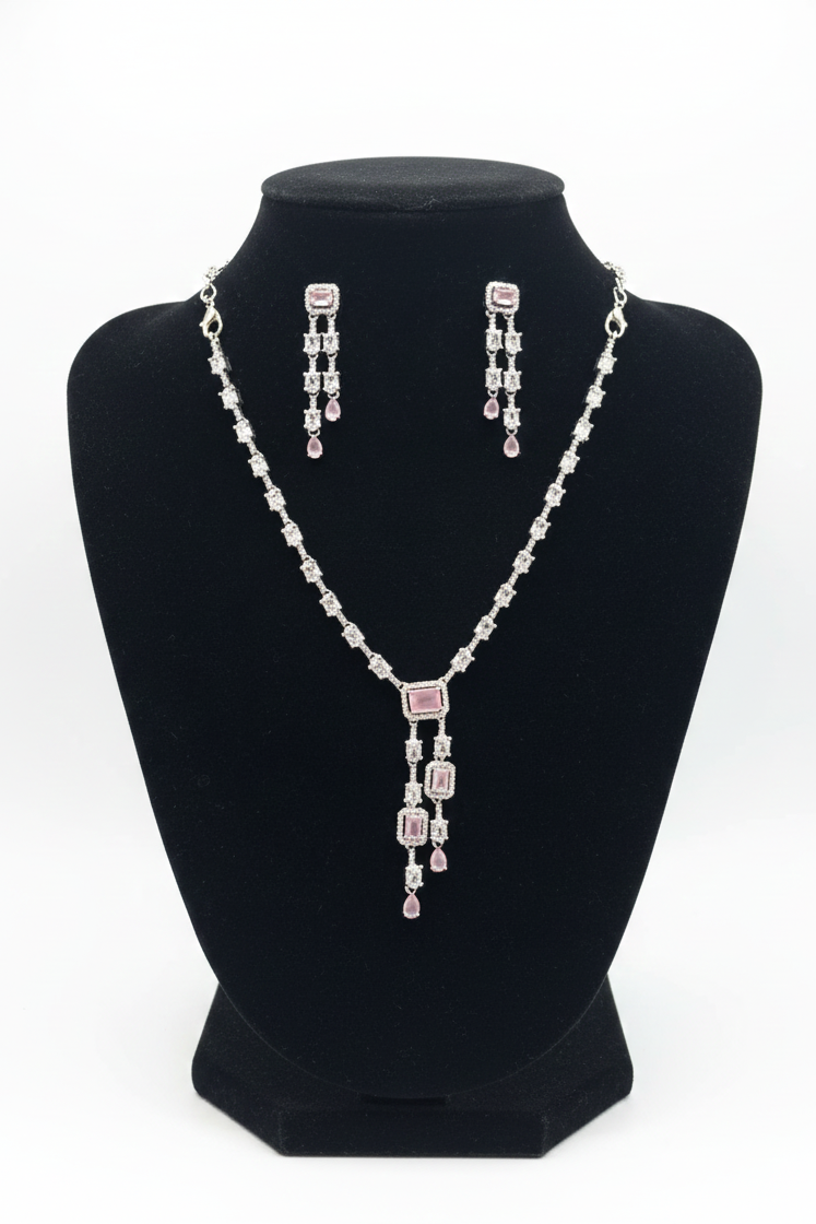 Pretty White And Pink Color Stones American Diamond Necklace With Earrings