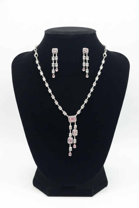 Pretty White And Pink Color Stones American Diamond Necklace With Earrings