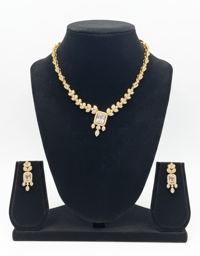 White Stones Gold Plated Necklace With Earrings Set For Women