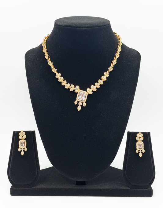 White Stones Gold Plated Necklace With Earrings Set For Women