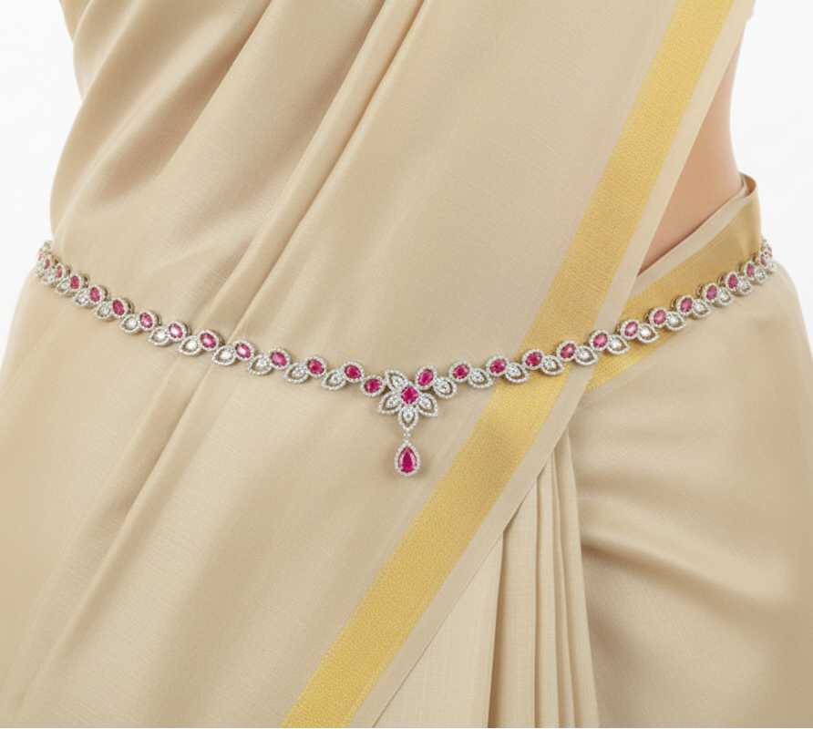Appealing American Diamond White and Pink Color Stones Hip Chain