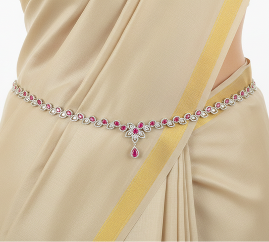 Appealing American Diamond White and Pink Color Stones Hip Chain