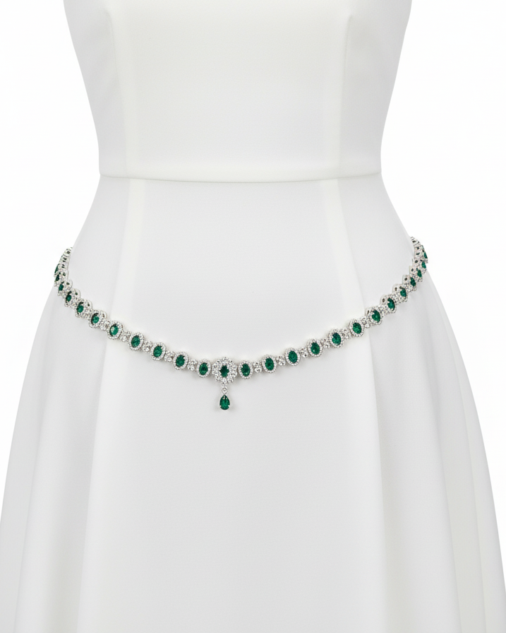 Appealing American Diamond Green And White Stone Work Hip Chain For Women Near Me