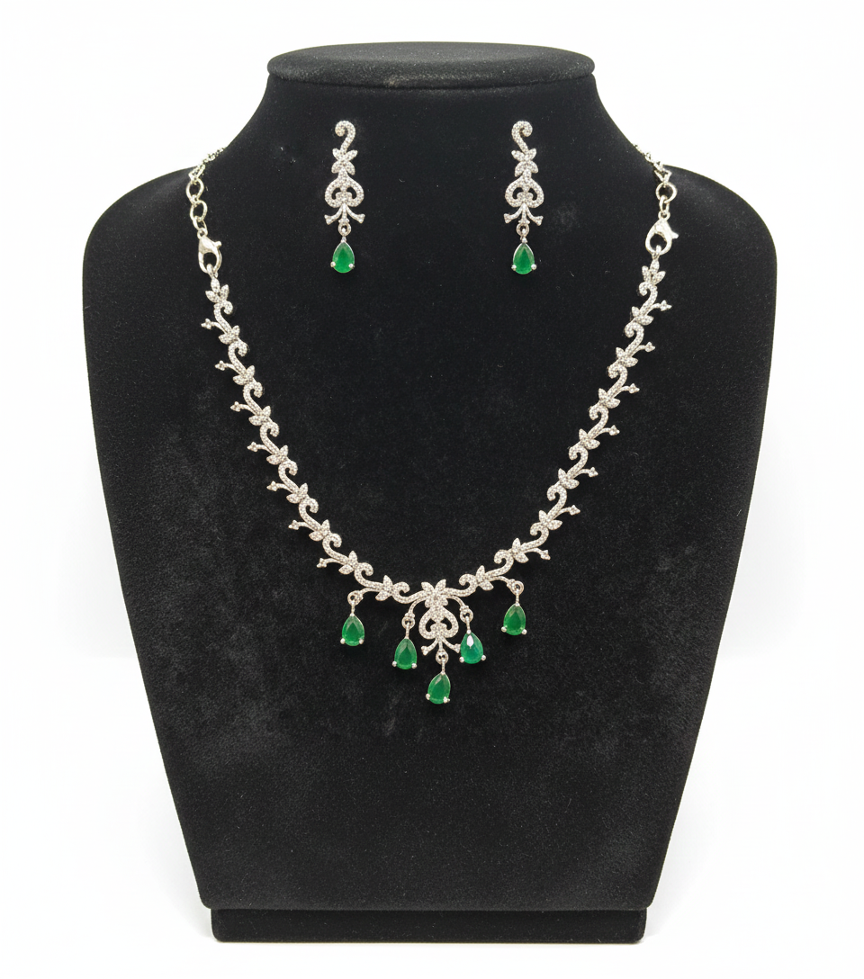 Pleasing Designer American Diamond White And Green Color Stones Necklace And Earrings Set